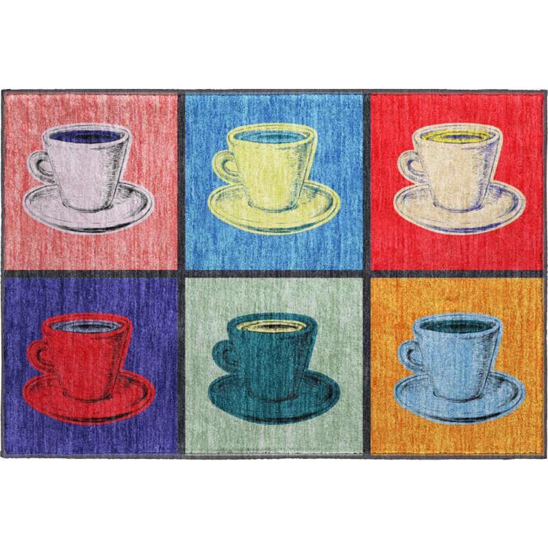 Red Rectangular Synthetic Washable Kitchen Rug with Coffee Mug Design