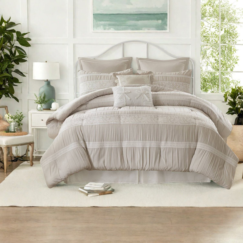 Elegant Neutral Bedding Set, Polyester Jacquard, Cottage Style For Home