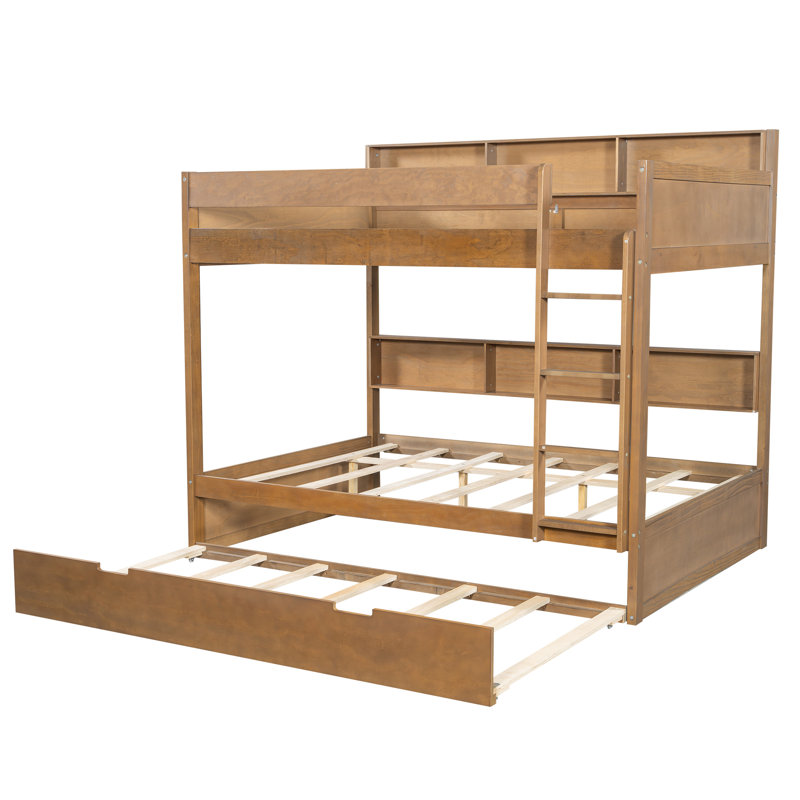 Nelson Wood Bunk Bed with Trundle & Built-In Storage Shelves, Antique Wood, Full Over Full