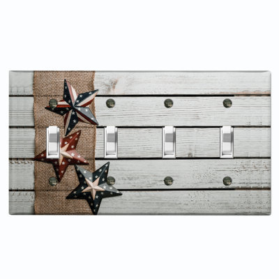Metal Light Switch Plate Outlet Cover (American Flag Star White Fence - Quadruple Toggle)