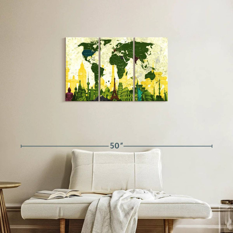 Aliaz Country Landmarks World Map, 20" H x 33" W
