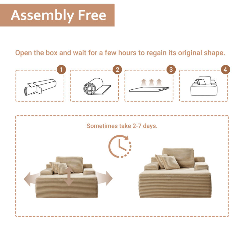 Canapés de chaise longue en velours côtelé moelleux avec coussins et accoudoirs de 48,42 po de large Hogle, aucun assemblage requis 