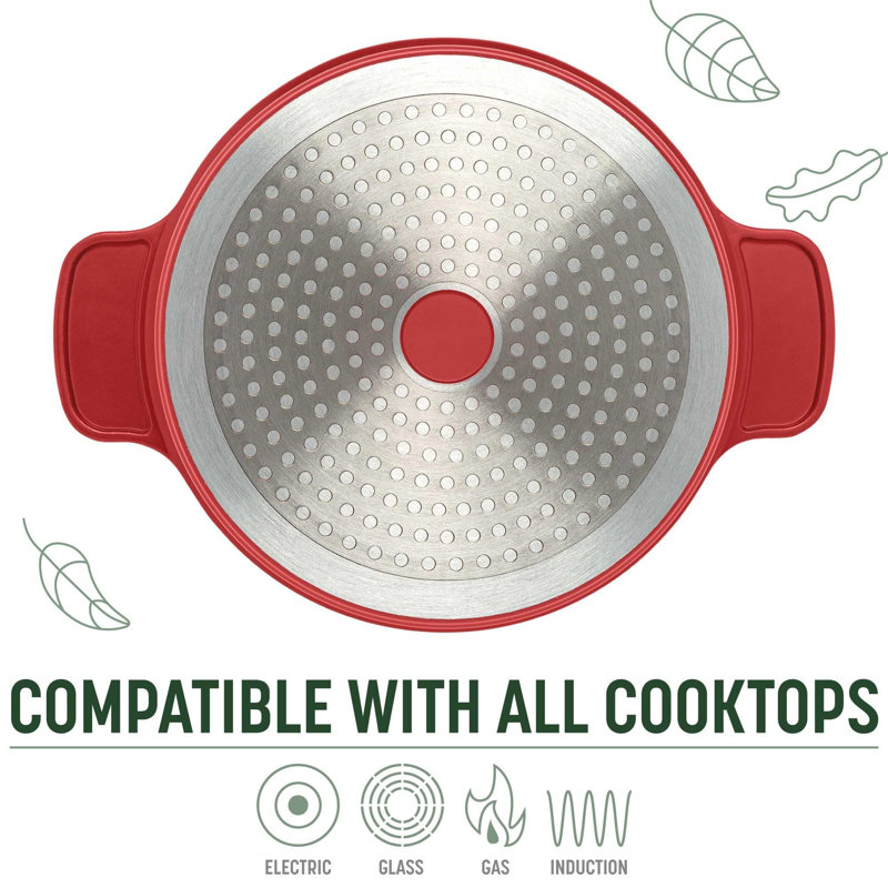 All-In-One Pot, Multilayer Nonstick, High Performance Cast Dutch Oven With Matching Lid, Roasting Rack And Turner, Made Without PFOA, Dishwasher Safe Cookware, 4.7-Quart, Crimson Red