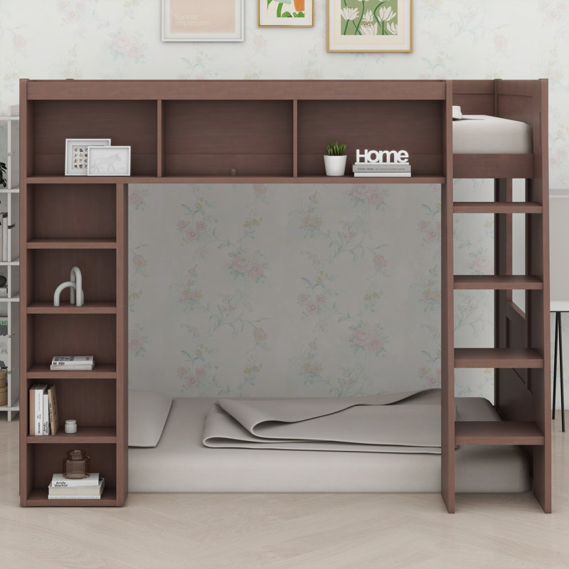 Wooden Loft Bed With Storage Shelves, Brown