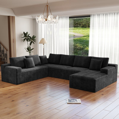 132" U-shaped Sectional Couch For 5, Compression Sofa, White Corduroy, Right Facing