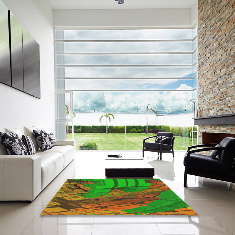 Tapis vert/brun à motifs, Carré 3 pi