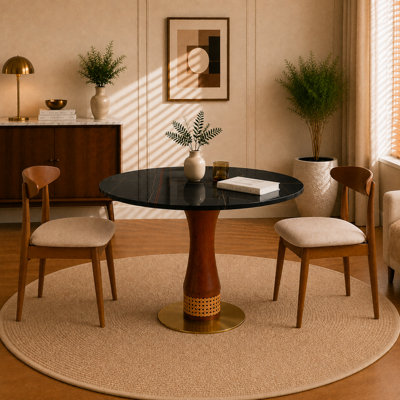 33.5" Round Sintered Stone and rubberwood legs Dining Table, Designer Rubber Wood Pedestal with Handwoven Wicker Accent and Stainless Steel Base for Kitchen, Apartment & Bistro