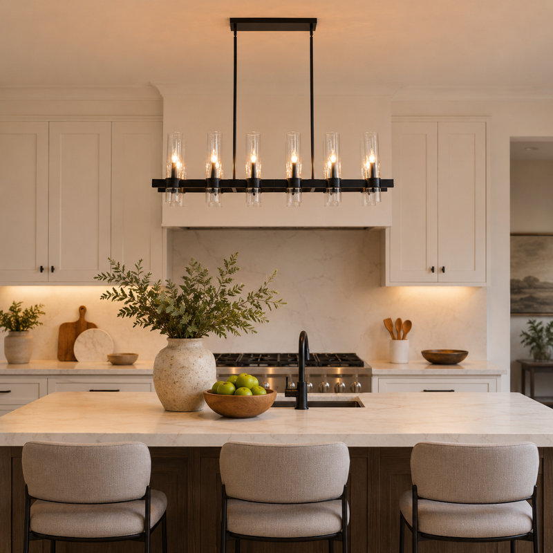 47 Inch 12-Light Modern Farmhouse Linear Chandelier with Clear Glass Shades, 79.9" H x 47" W x 11" D