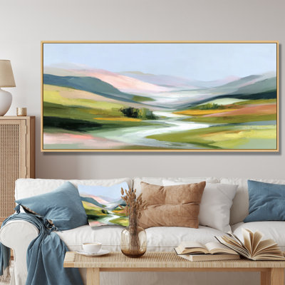 «Green and Pink Winter Mountain and Lake Scenery - Mountains Wall Art, Green Landscape», reproduction d'art sur toile