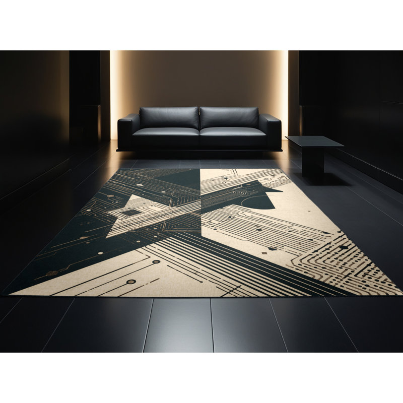 Soft Plush Hewson Human Machine Interface Modern Geometric Area Rug in Black – Black Binding, 4x6