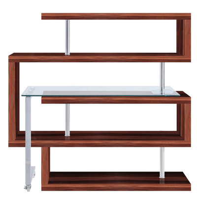 Stylish Writing Desk: Clear Glass, High Gloss, 4-Shelf Storage Solution, 360 Swivel, 2 Wheels For Mobility Modern Desk With Glass Top And Finish, 4 Shelves,