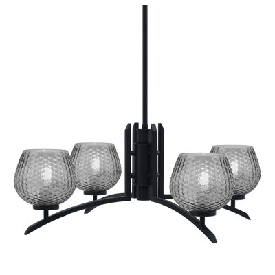 Kurve 4 Light Chandelier Shown In Matte Black Finish With 6" Textured Glass
