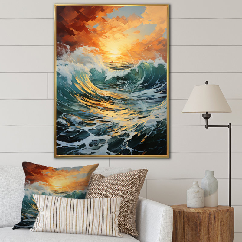 Tempête côtière orange - bleu sarcelle - imprimé, H 40 po x l 30 po x P 1,5 po, Cadre flottant doré