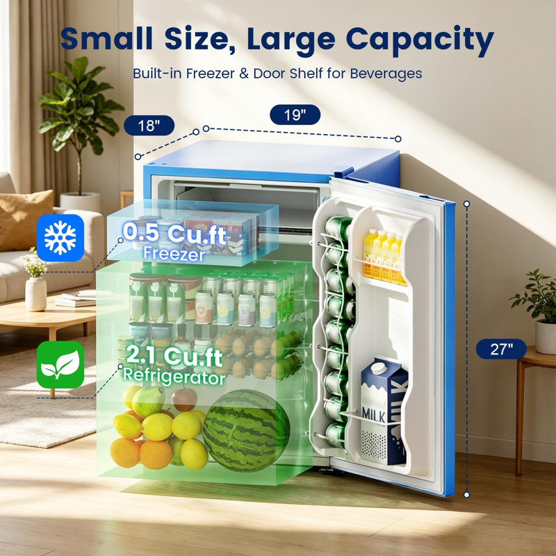 BANGSON 2.6 Cu Ft Small Fridge with Freezer for Office Blue | Mini Refrigerator for Dorm Bedroom, Compact Fridge, Energy-efficient, Low Noise