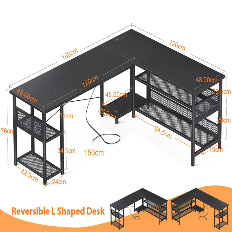 L-Shaped Gaming Table, Reversible Computer Table With 2 Outlets And 2 USB Charging Ports, Corner Table With Storage, Black