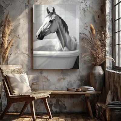 Horse In Bathtub Canvashumorous Equestrian Bathroom Art Wall Art Canvas Ready To Hang Gallery Wrapped Home Decor Modern Design Decor