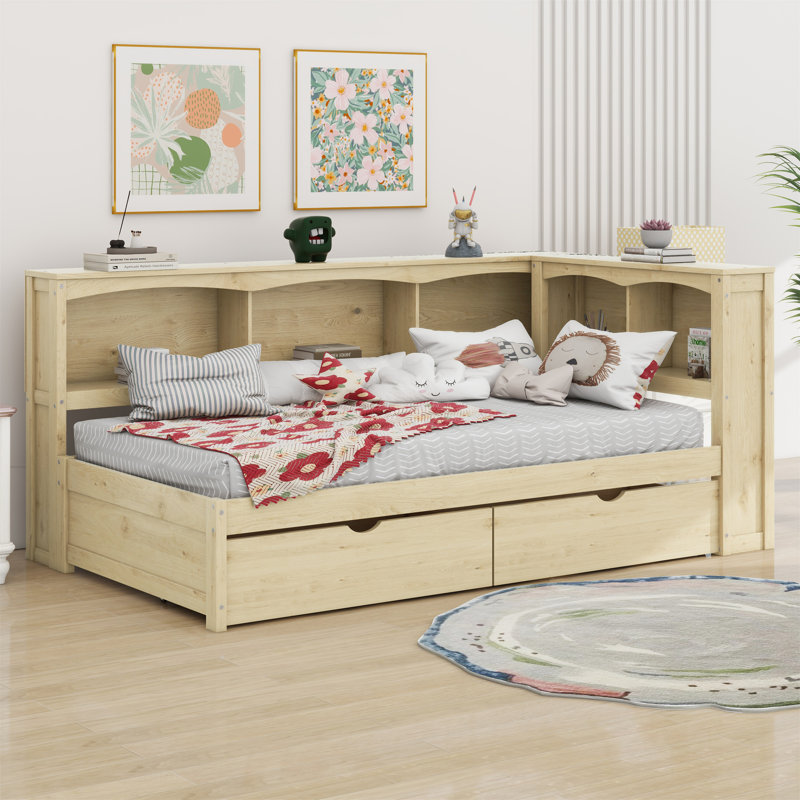 Daybed With Two Storage Drawers, Storage Cabinets And USB Ports, Natural