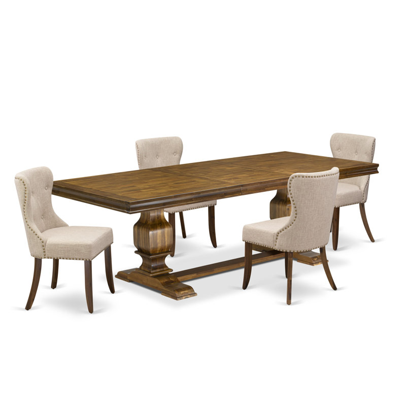 L'ensemble de salle à manger 5 pièces Mid Century comprend une table de salle à manger moderne et 4 chaises modernes en tissu de lin brun clair avec dossier capitonné - Finition noyer antique
