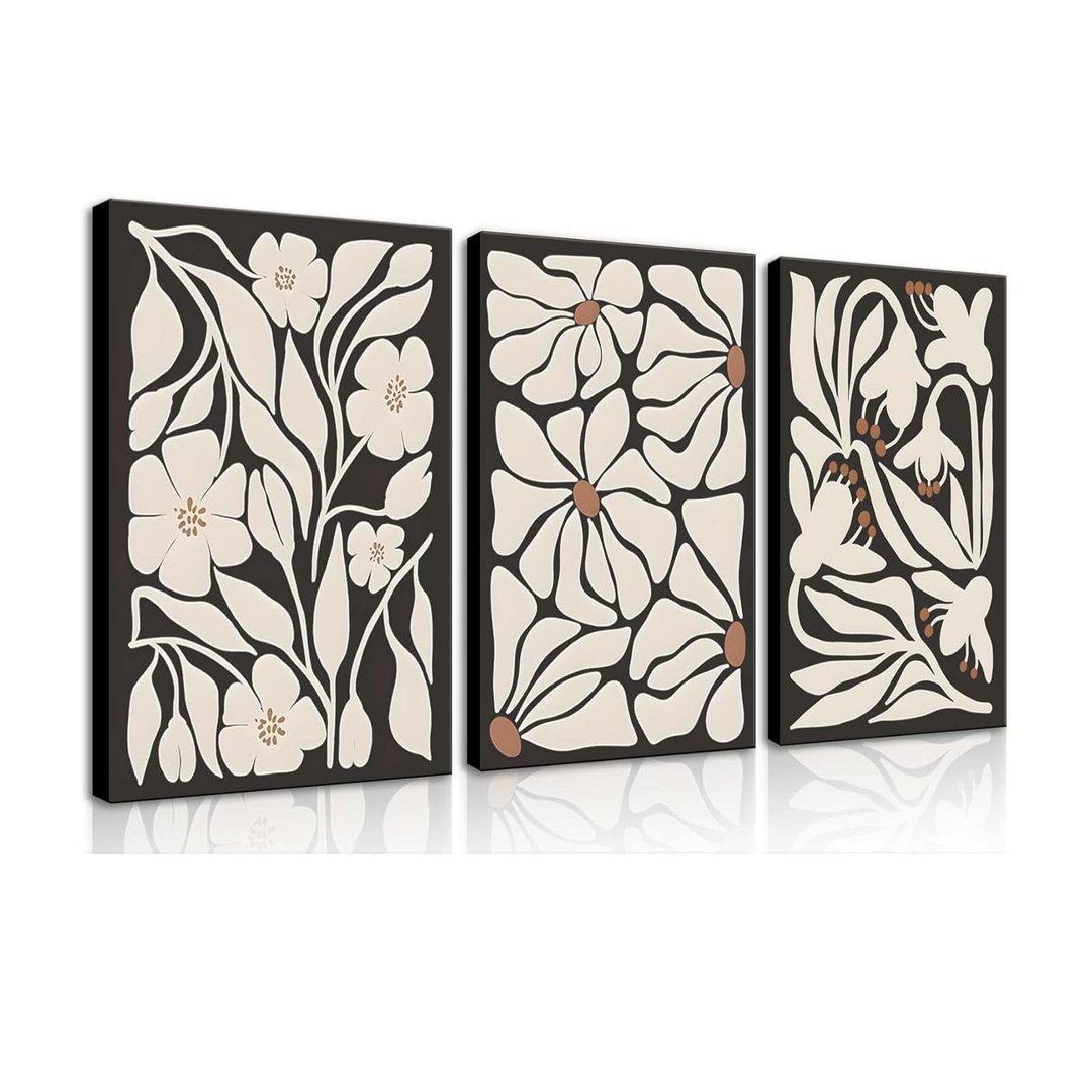 Framed Black Boho Flowers Plant Wall Art Abstract Botanical Flower Canvas Poster Vintage Bohemian Neutral Floral Prints Wall Decor Trendy Black Beige