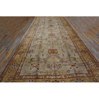 Tapis de corridor turc Oushak ancien, couleur blanc ivoire magnifique et superbe motif géométrique, 2,80 m x 6,80 m.