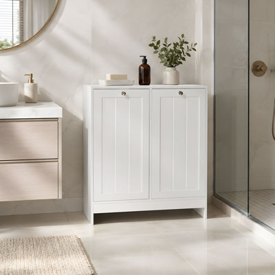 Tilt Out Laundry Hamper Cabinet, Double Compartment Freestanding Laundry Sorter Storage Cabinet with Removable Baskets & Anti-Tip Hardware, White Bathroom Organizer for Laundry Room Entryway