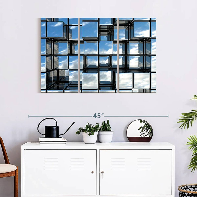 Abstract Square Mirrors On Canvas 3 Pieces Set, 38" H x 24" W x 1.25" D