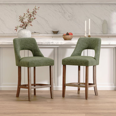 Bar Stools Set of 2, Upholstered Counter Height Bar Stools, Modern Counter Stools with Wood Legs for Kitchen Island Dining Room Bar, Green