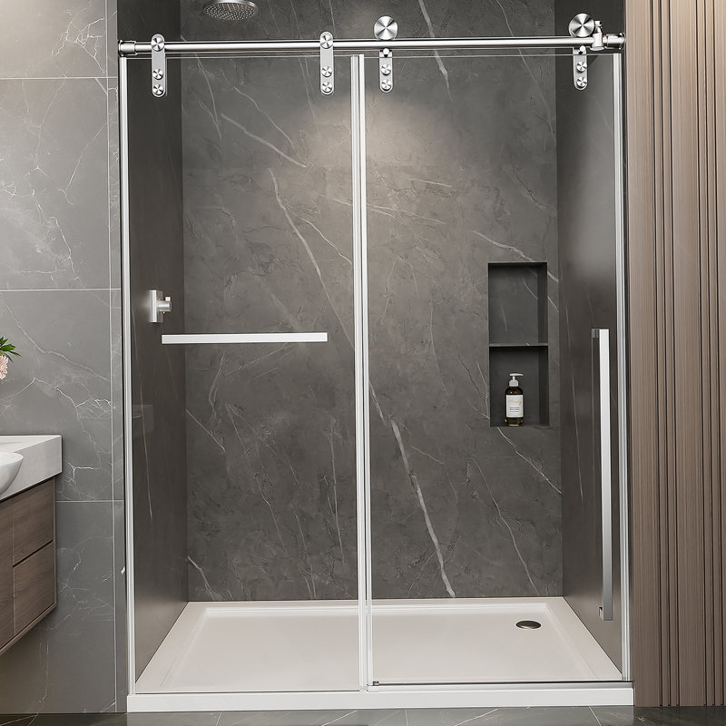 Porte de douche coulissante sans cadre, écran de douche, porte en verre trempé avec film antidéflagrant, Nickel brossé