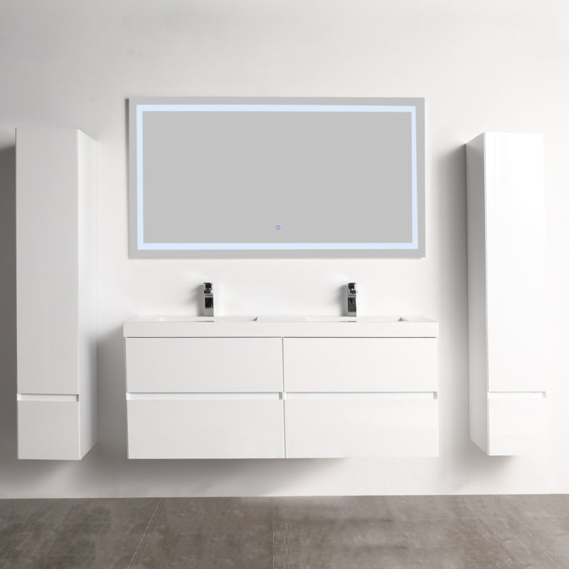 Ensemble de meuble-lavabo à double cuve mural blanc brillant 48 po Blossom, Blanc