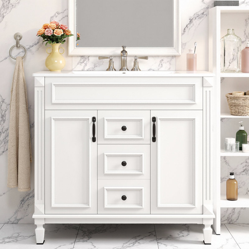 Meuble-lavabo moderne de 36 po avec lavabo en céramique, 2 portes à fermeture douce et 2 tiroirs, pieds romains, capacité de 300 lb, finition texturée, robinet central de 4 po prêt pour le robinet