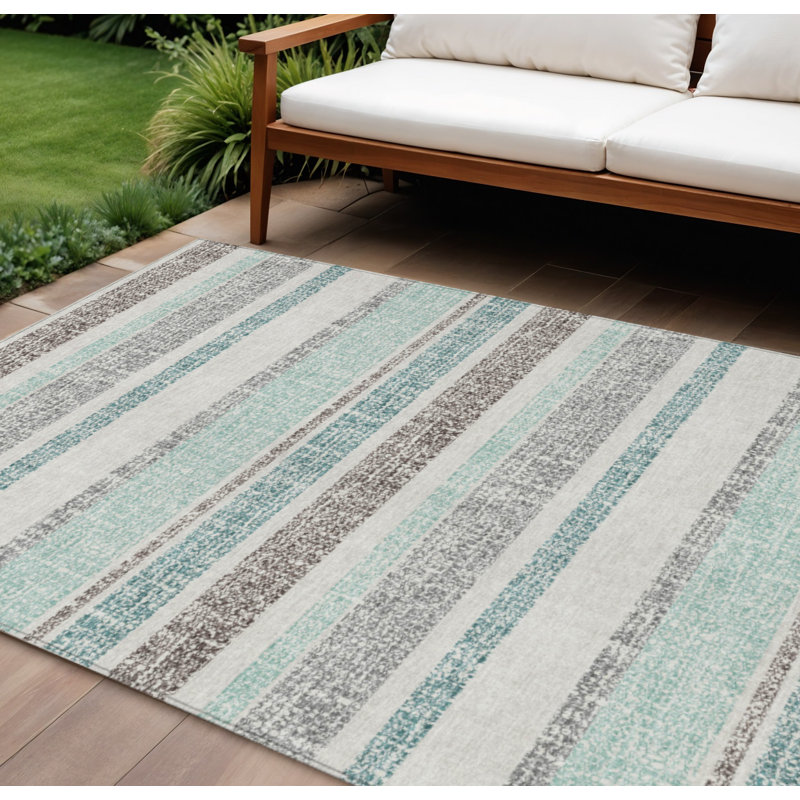 Tapis bleu sarcelle à rayures 8 pi x 10 pi bleu et gris, Rectangle 8 pi x 10 pi
