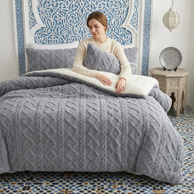 Édredon réversible en peluche gaufrée, épaisse couverture chaude moelleuse en gris, 53 po x 79 po