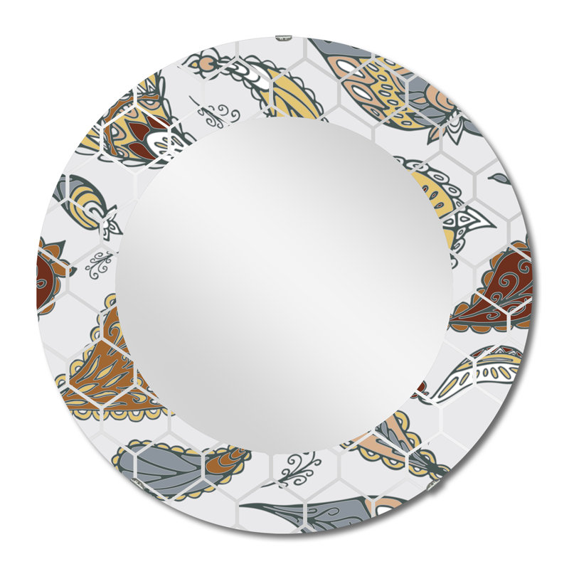 Miroir mural bohémien brun et jaune cachemire sur fond bleu, 32 po x 32 po