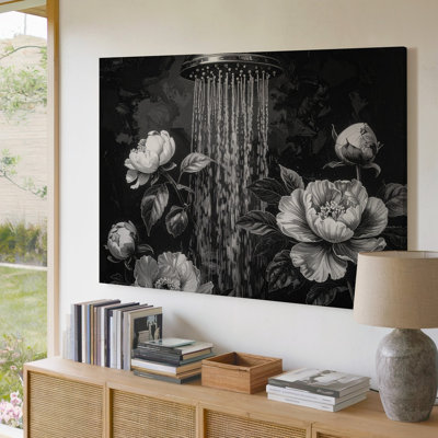 Canvas Wall Art A Black And White Scene Featuring A Showerhead Above With Water Cascading Down In Thin Premium Quality Ready To Hang