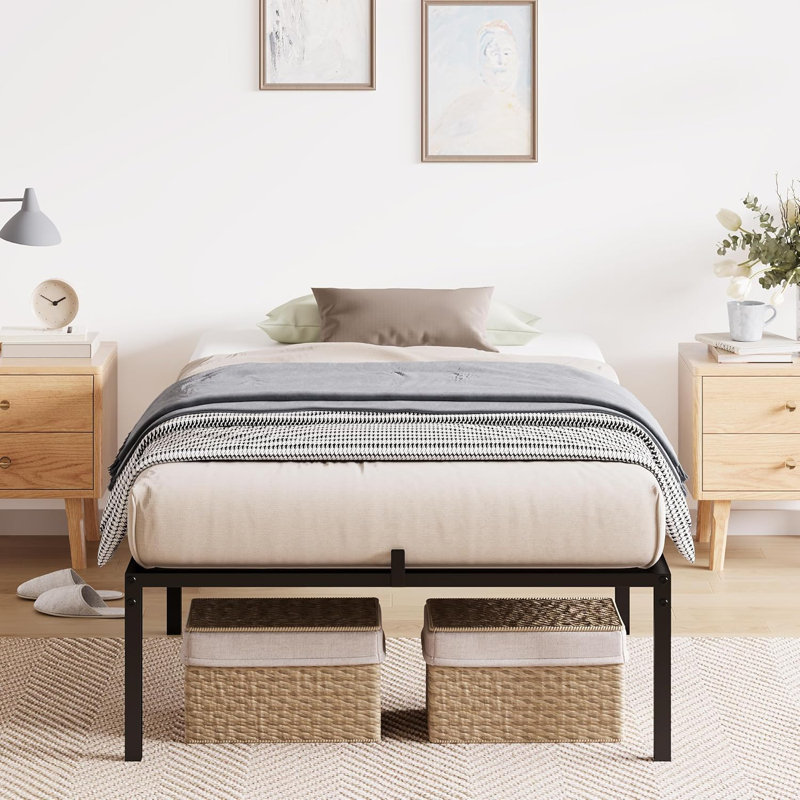 Bed Frame No Box Spring Needed, Heavy Duty Metal Platform Bed Frame, Black, 8", Black, Queen
