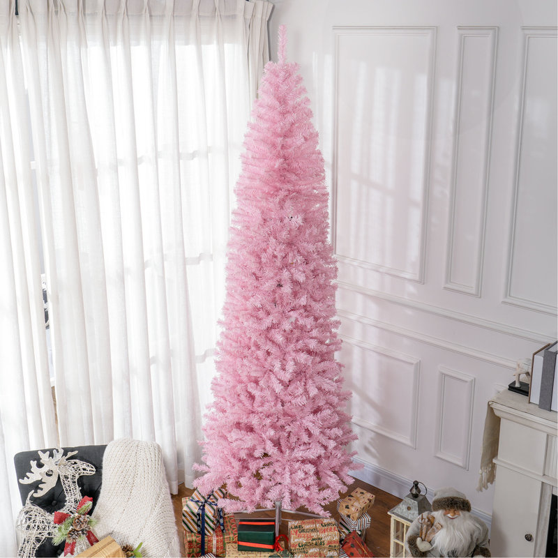 Sapin de Noël artificiel mince de 8 pi de hauteur avec lumières douces 811 branches de sapin réalistes, rose, H 8 pi