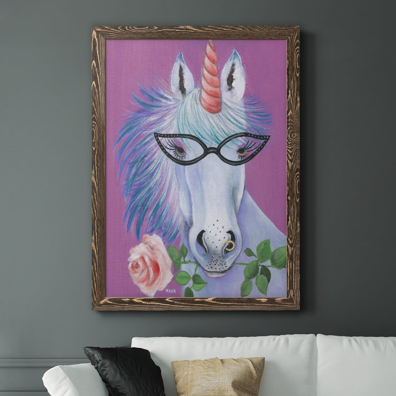 Licorne III - peinture sur toile encadrée, Encadré de bois de noyer, H 44 po x l 31 po x P 1 po