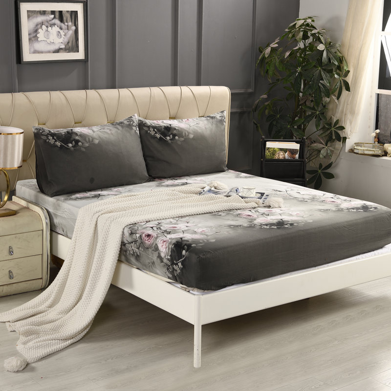 Bliss Complete Bedding Set Floral Grey Duvet Cover Fitted Sheet With Matching Pillow Case