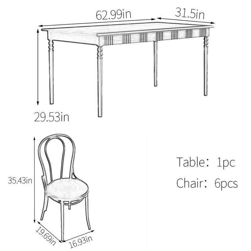 Ensemble de table de salle à manger Vintage, H 29,53 po x L 62,99 po x l 31,5 po