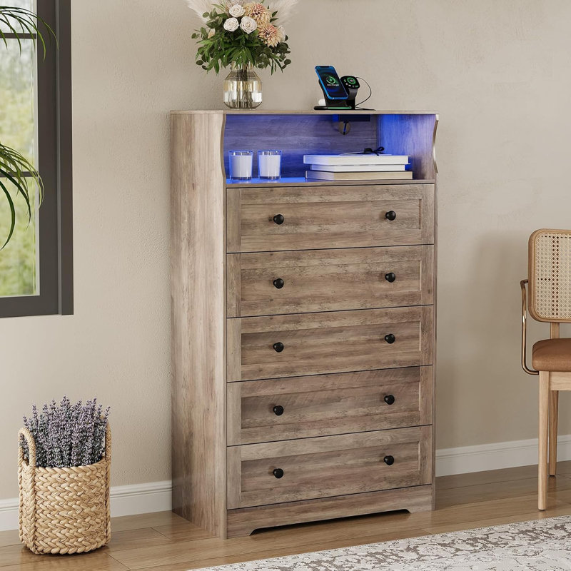 Tall 5-Drawer Wood Dresser with Charging Station & LED Lights, Modern Vertical Chest for Bedroom, Brown