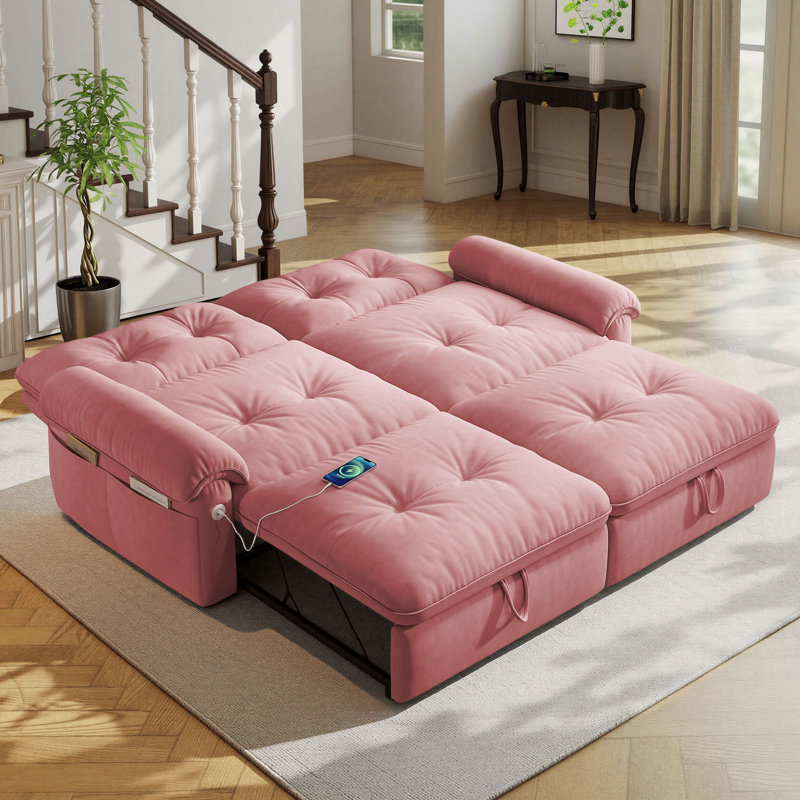 Canapé-lit convertible 77 po avec lit escamotable, revêtement en velours - pour le salon, Pink