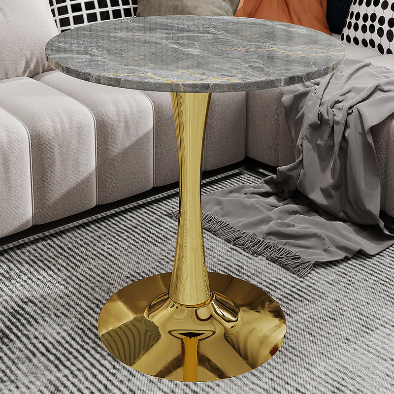 Table d'appoint ronde à plateau en marbre avec base piédestal conique, idéale pour le salon, design minimaliste moderne, Doré