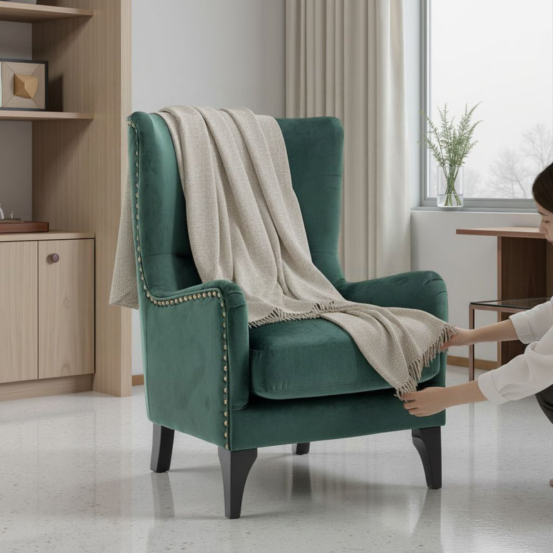 68cm Wide Tufted Wingback Chair, Green Velvet