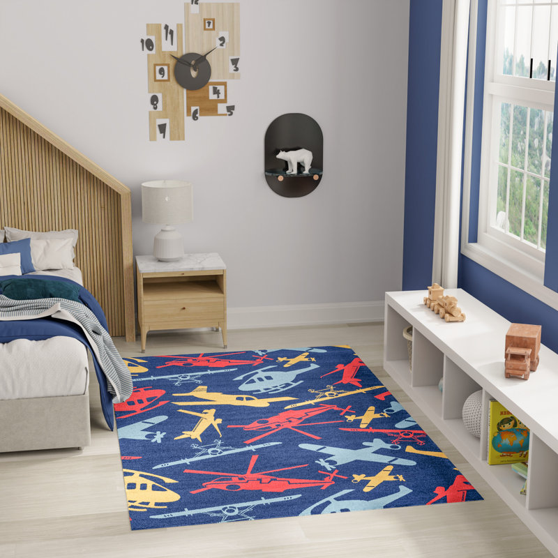 Arranjeet Machine Washable Navy Multicolor Indoor Rug, Rectangle 3'5" x 5'