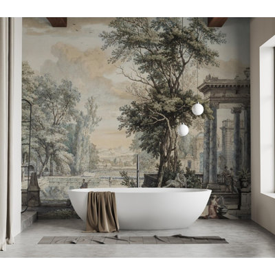 Vintage Classical Ruins Wall Mural with Marble Columns and Garden Statues Landscape for Home Decor