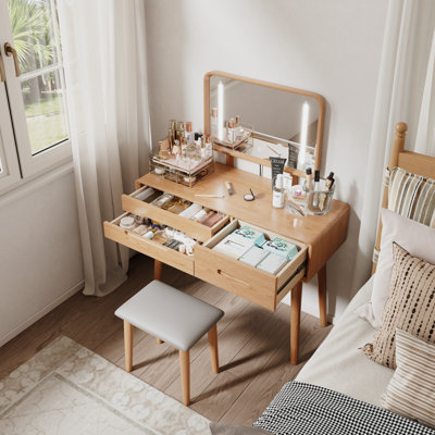 Solid Wood Makeup Vanity, Detachable Mirror, Adjustable Lighting, Equipped with Three Drawers