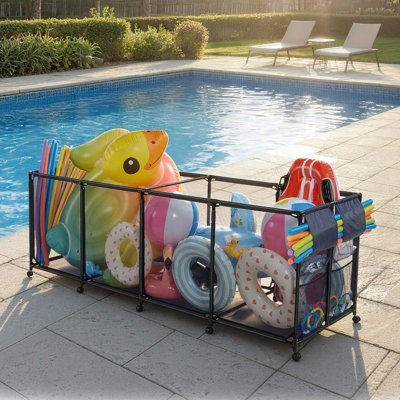 Bac de rangement pour piscine, 103 x 32 x 35 po, organisateur de rangement flottant pour piscine avec poches latérales et porte-nouilles, cadre en métal durable, panier en filet respirant pour piscine
