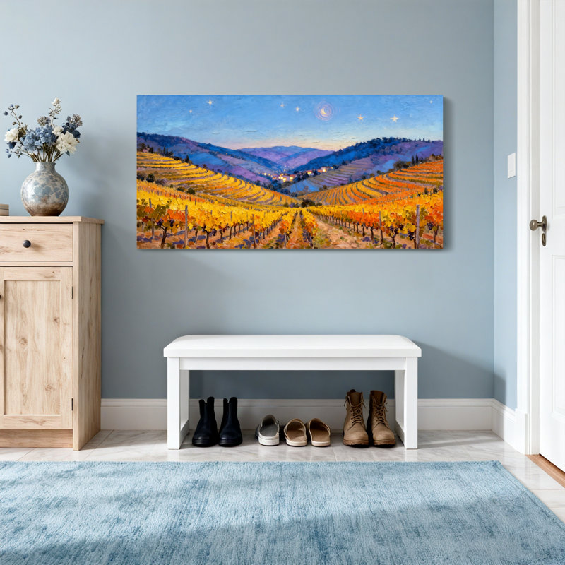 Paysage et nature Vineyard Hills Coucher de soleil Étoiles Ciel Montagnes Rangées Arbres, H 24 po x l 48 po