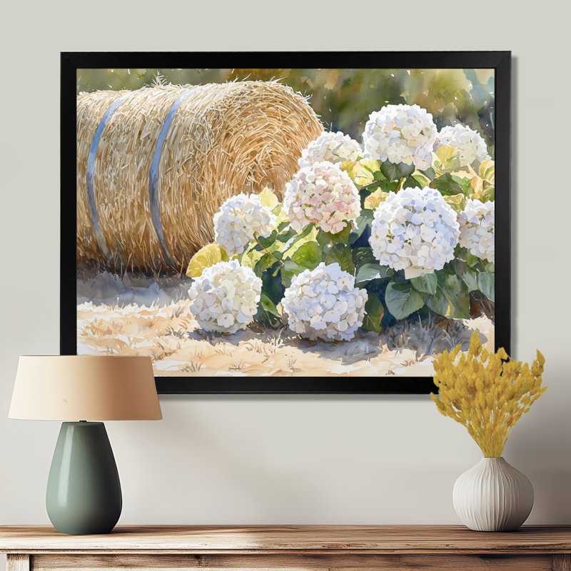 Hortensias dans la basse-cour I - hydrangées, art mural, H 30 po x l 40 po, Picture Framed, Noir