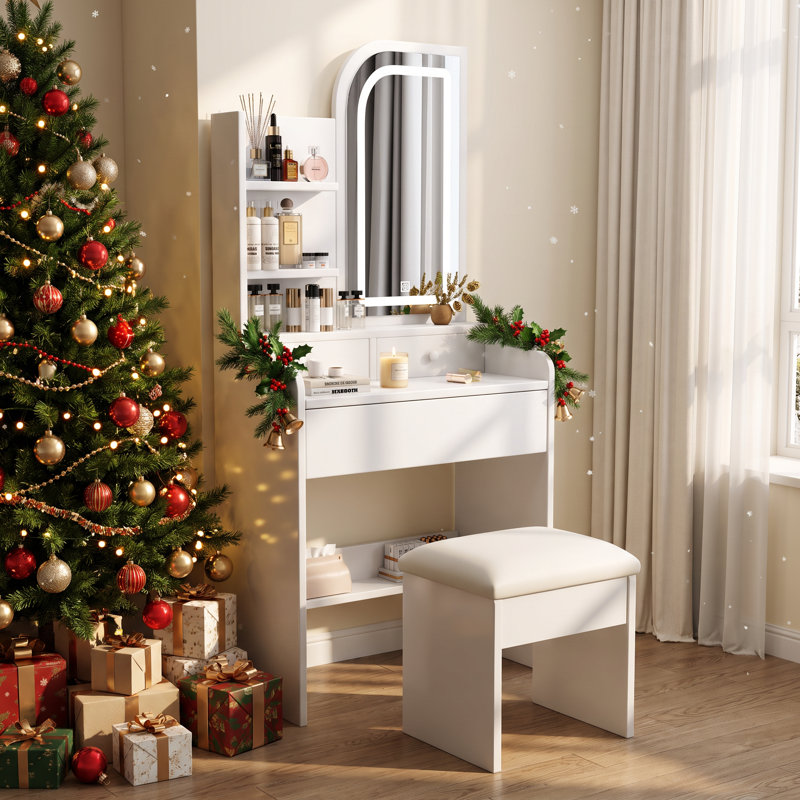 Ensemble de coiffeuse élégante avec miroir lumineux et éclairage, comprend un support pour sèche-cheveux et une chaise, miroir de coiffeuse réglable en 3 couleurs avec rangement à 3 tiroirs, finition blanche.